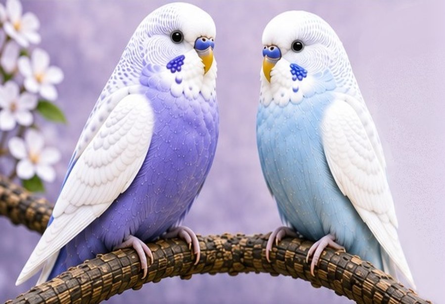 Two Australian Heritage Clearwing budgies perched on a branch at Park Ridge Heritage Clearwing Budgies